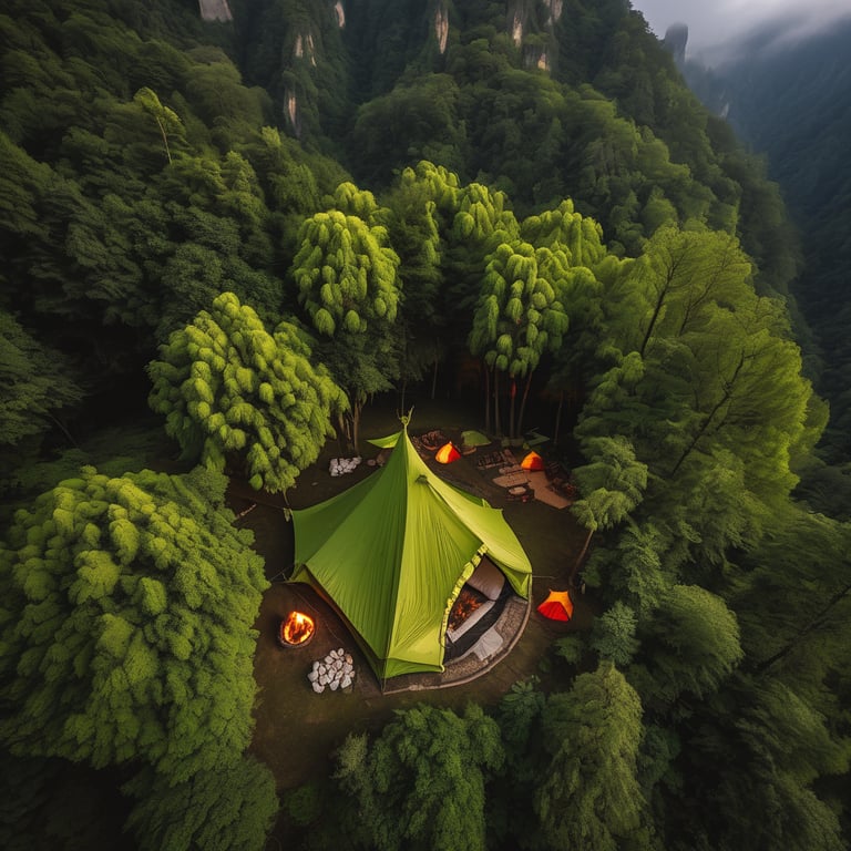 A bright lime green tent rests among moss-covered trees in Zhangjiajie at night. A warm campfire glows in the center, with marshmallows roasting over the flames. Seen from above, the campsite feels cozy beneath a partly cloudy sky.