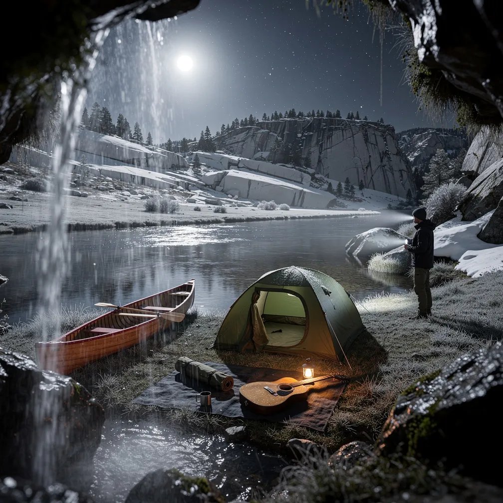 A cold mountain meadow sits by a quiet river pool, with a misty waterfall framing the view. An army-green tent glows softly under the moon and stars, while a canoe rests on the bank and a guitar lies nearby. In the distance, a lone hiker shines a flashlight through the spray, and dark pine trees stand against the granite hills.