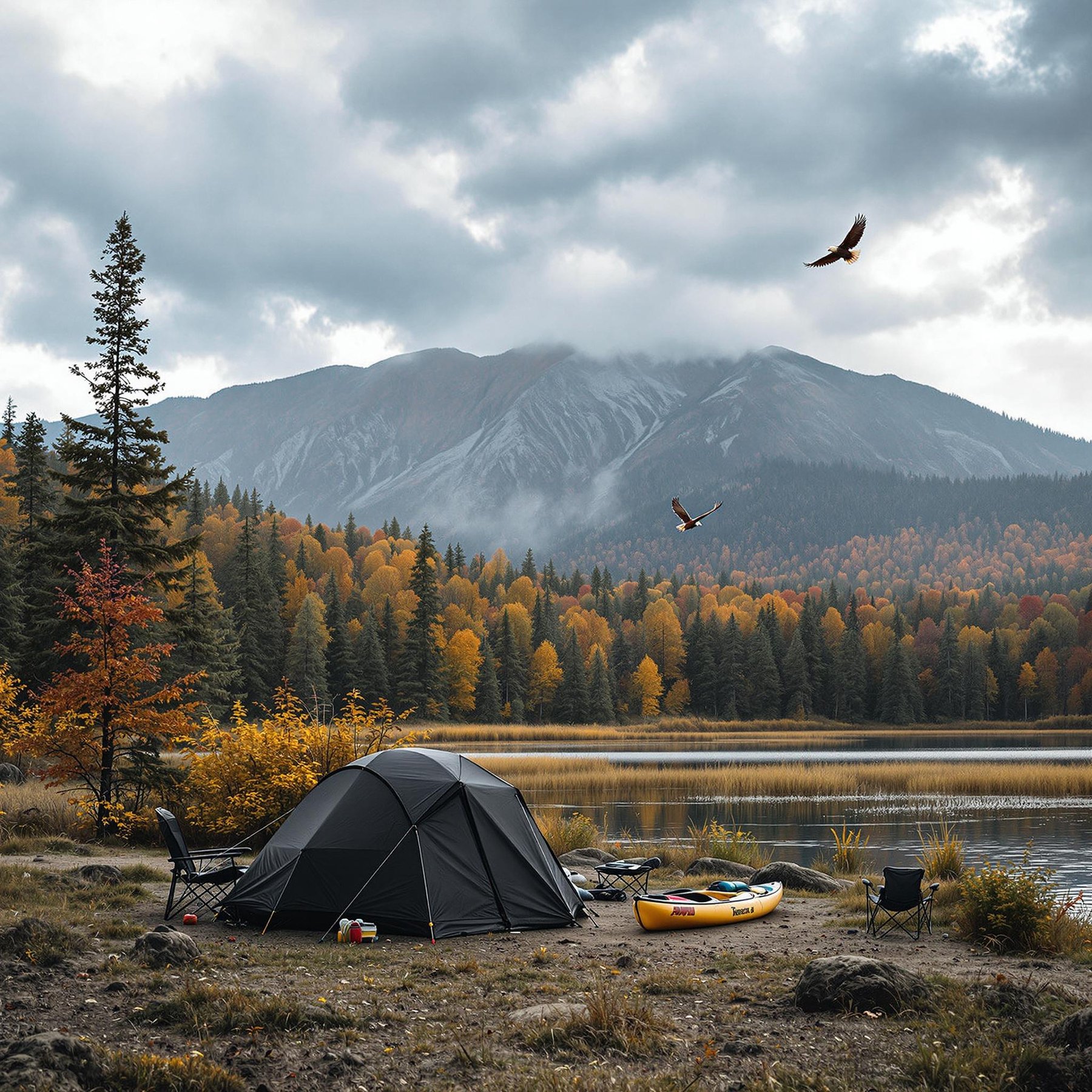 Nestled by a shimmering lake, this campsite is surrounded by colorful autumn trees and towering mountains. A cozy tent sits nearby, with a kayak ready for adventure. Eagles soar in the cloudy sky, adding to the peaceful atmosphere.
