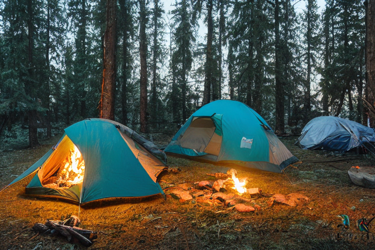 A teal tent sits beside a warm campfire in a quiet forest clearing. Tall trees, small plants, and fallen leaves surround the dirt campsite as snow falls softly. The sunset gives the scene a peaceful golden glow.