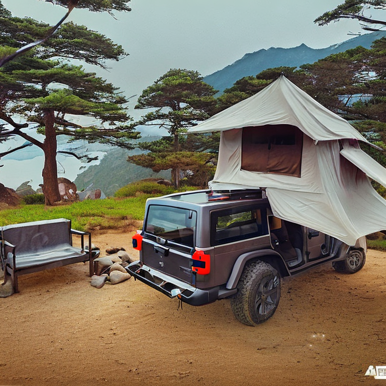 A cozy Jeep with its rooftop tent open rests beside a warm campfire on a snowy campsite in Miyajima, Japan. Small trees, mossy boulders, and a dirt path create a peaceful woodland setting as the sun sets.