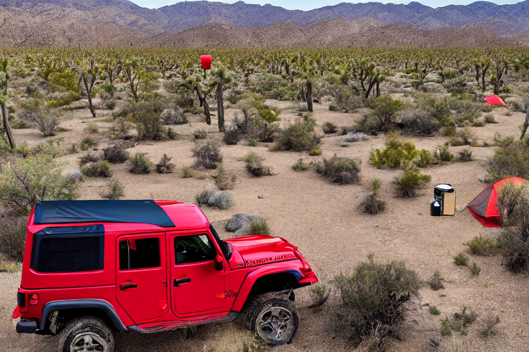 A red Jeep with an open rooftop tent rests at a sunny campsite in Joshua Tree National Park. Large trees and boulders surround the rocky ground, while a small lantern sits nearby. The clear sky and warm light create a calm outdoor escape.