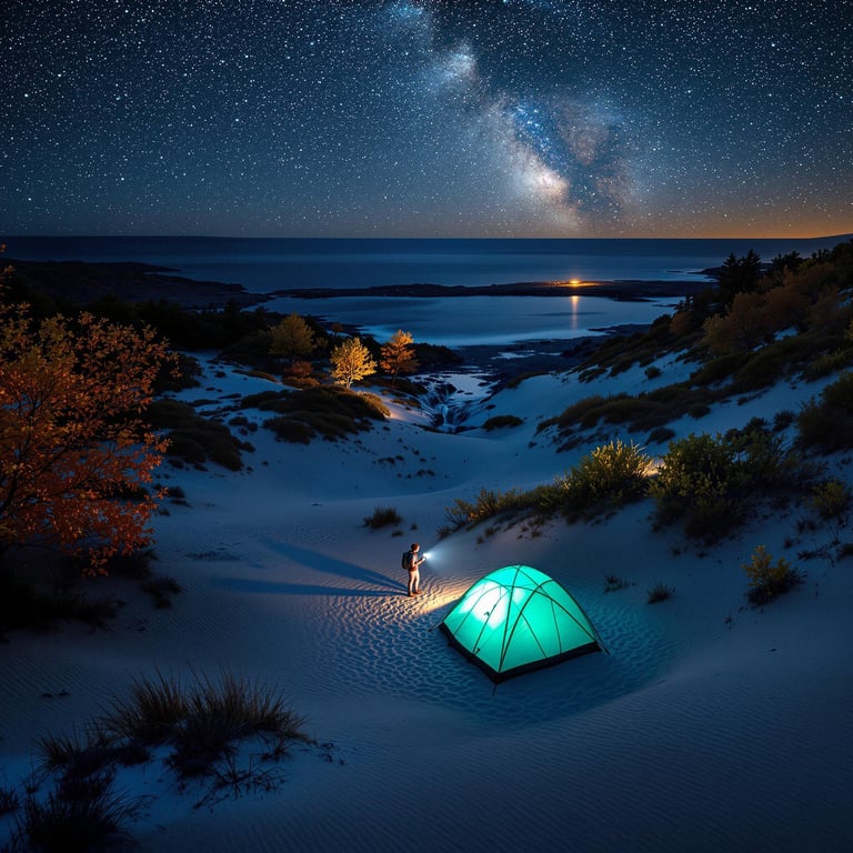 A glowing tent nestles among soft sand dunes, under a sky sparkling with stars. The calm sea reflects the twinkling lights, while a traveler stands, flashlight in hand, embraced by the night. Tall bushes and trees add a touch of mystery to this magical scene.