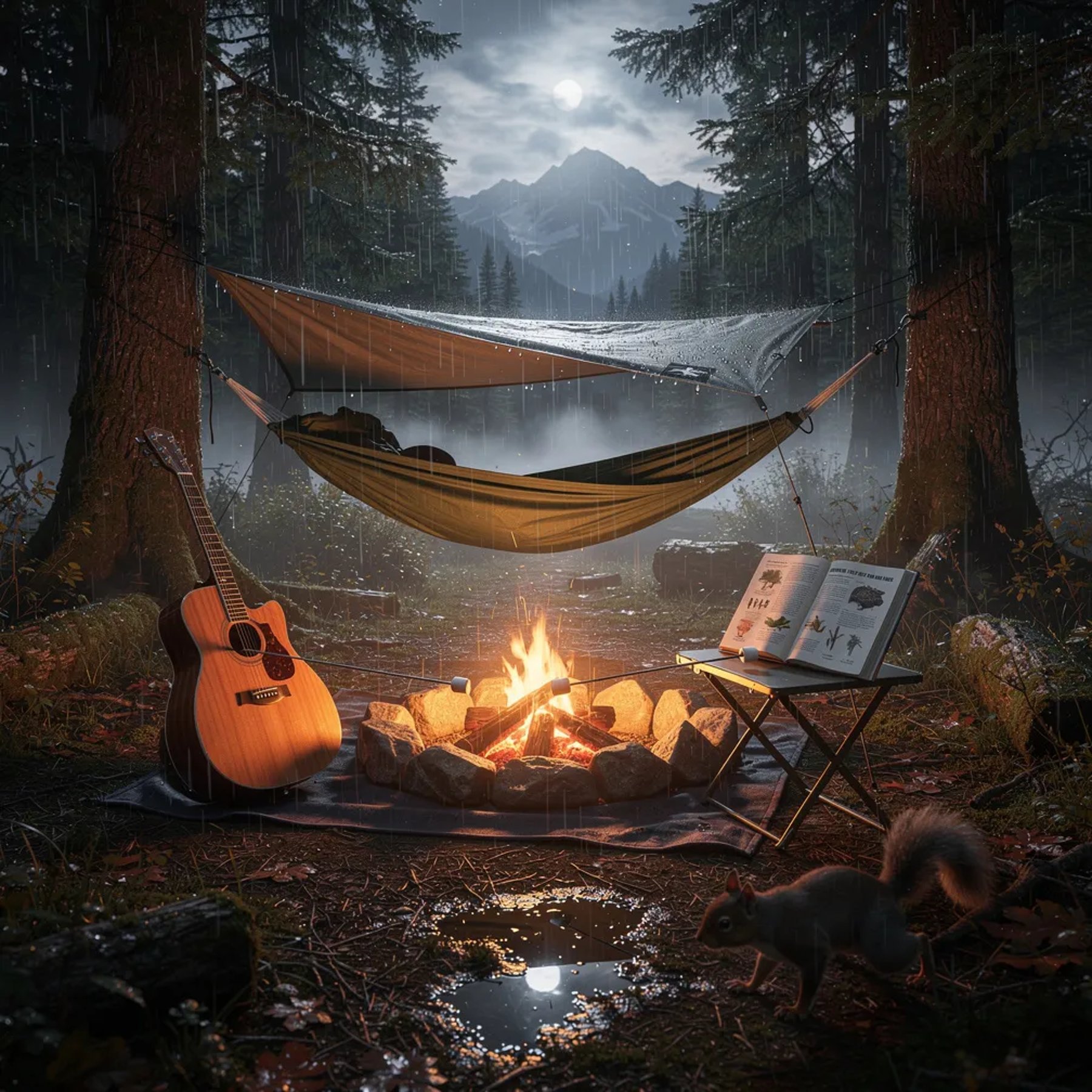 A quiet, damp clearing sits under tall fir trees, with mist and cold rain drifting through the night. An olive hammock hangs under a small tarp while a warm campfire glows on the wet ground. Marshmallows roast by the flames, with a guitar and an open field guide nearby. A tiny squirrel darts past as moonlight shines softly through the clouds.