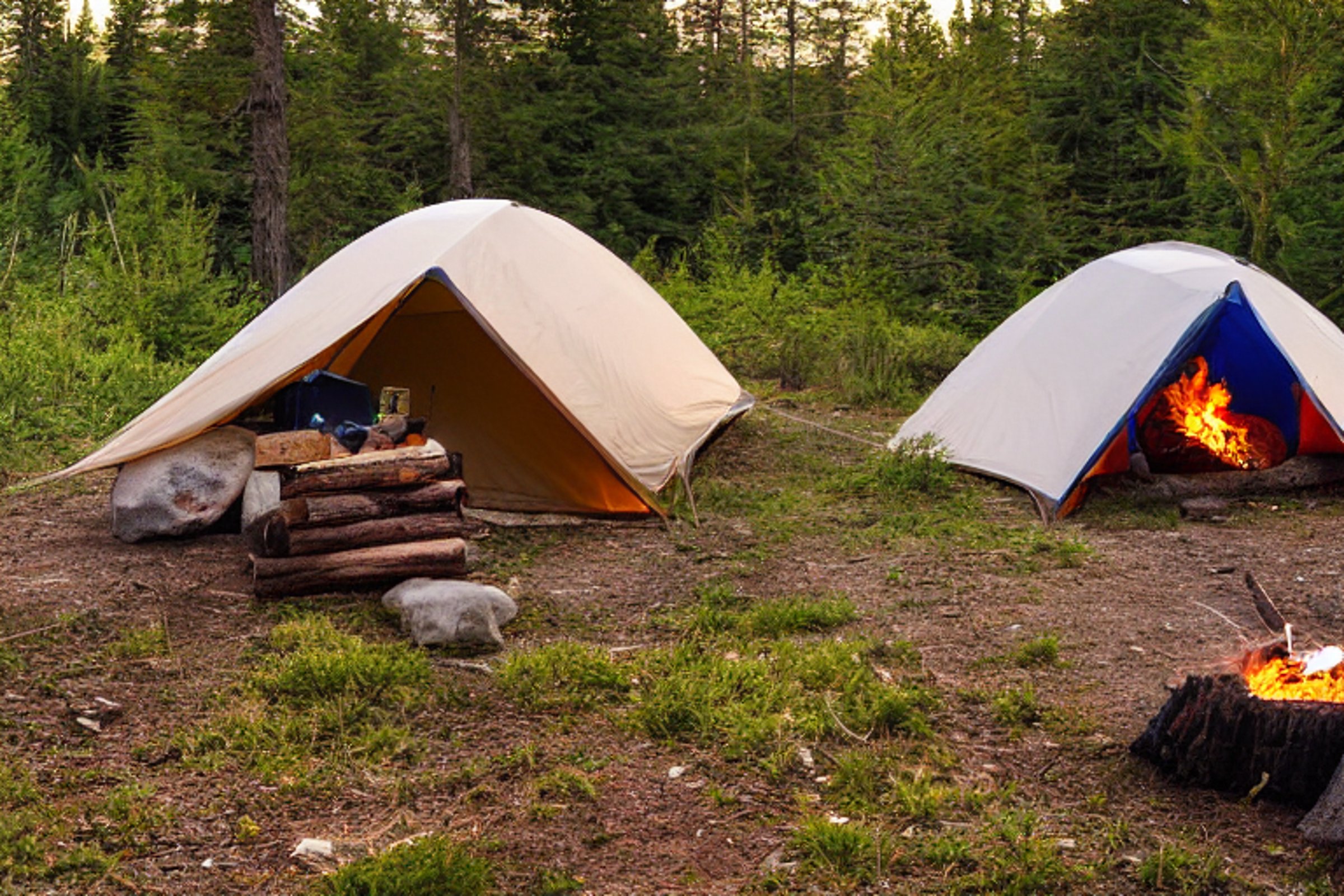 A cozy tent sits on a paved campsite beside a peaceful river. Warm sunset light surrounds the campfire and nearby logs, while boulders and rough ground add a rugged touch. A box of camping gear rests nearby.
