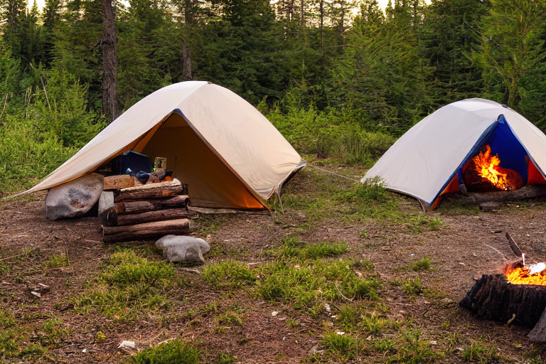 A cozy tent sits on a paved campsite beside a peaceful river. Warm sunset light surrounds the campfire and nearby logs, while boulders and rough ground add a rugged touch. A box of camping gear rests nearby.