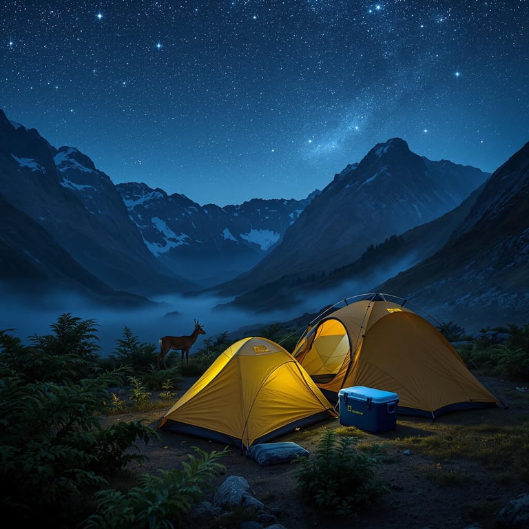 A bright yellow tent rests among soft ferns in a quiet mountain valley. Above it, stars shine through the dark sky, while a deer watches from far away. A small cooler sits beside the tent.