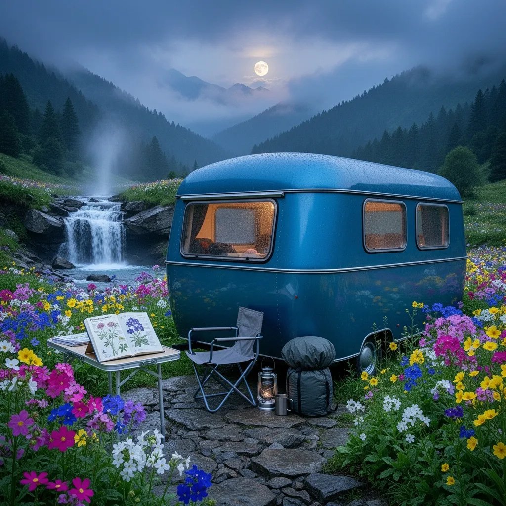 A shiny silver camper rests on rocky ground in a valley full of bright wildflowers. A small waterfall tumbles nearby, sending mist into the cool evening air. The moon peeks through the clouds above the dark, forested mountains. The scene feels quiet, fresh, and a little bit magical.