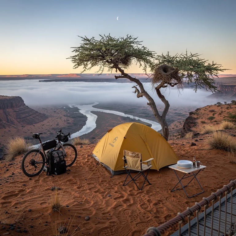 A mustard-yellow tent sits on rippled sand above a quiet canyon, with soft clouds resting in the valley below. An acacia tree nearby holds a tiny bird’s nest, and a bicycle leans beside the camp gear. In the cool pre-dawn light, a small chair and a table with stacked plates wait for morning. A thin moon fades as the desert stays calm and still.