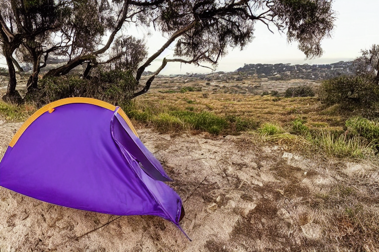A purple tent rests on a dirt patch beside a large rock near the beach. Rolling hills, a car, and a white cooler sit nearby under the rainy night sky.