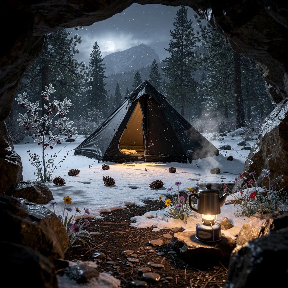 From the mouth of a small cave, you look out at a quiet campsite in snowy pine woods. A black tent glows with warm lantern light while wind blows tiny snowflakes through the trees. Pine cones and tough little flowers peek out of the snow, and a coffee pot steams on a small stove.