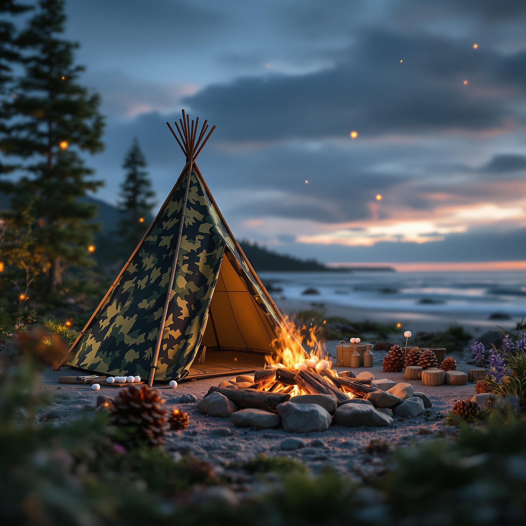 A cozy campsite by the shore glows with a warm fire under a twilight sky. The tent stands surrounded by tall pine trees and twinkling fireflies. Smooth rocks and soft sand complete this peaceful, nature-filled scene.