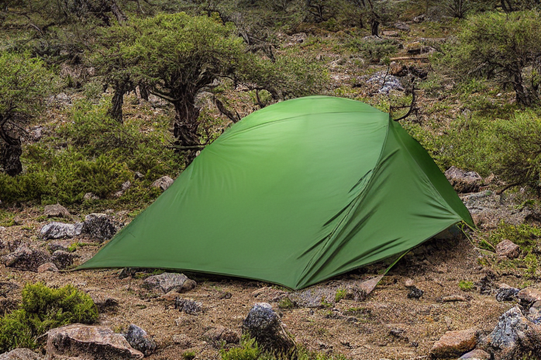 A green camo tent rests on a snowy dirt campsite beneath a sky full of stars. Mossy trees, large stone slabs, and scattered rocks surround the quiet hiking path.