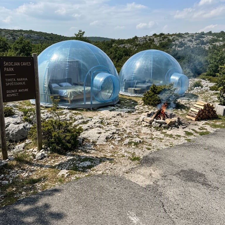Two sky-blue bubble tents sit among pale limestone and low scrub near Škocjan Caves. A small campfire glows beside a neat stack of wood, while soft smoke drifts into the breezy air.