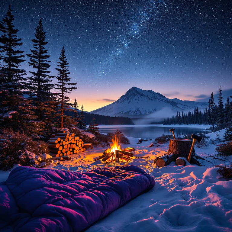 A cozy campsite sits by a snowy lake, surrounded by tall pine trees and glowing under a sky full of stars. The warm campfire crackles near a stack of firewood as a big mountain rises in the distance. It feels quiet, bright, and magical.