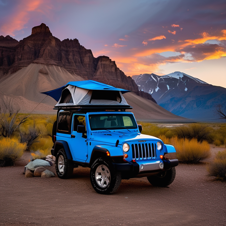 A blue-gray Jeep with a cozy rooftop tent rests beside a warm campfire. A clear stream winds through the rocky campsite, with a hot spring and tall mountains nearby. Soft sunset light shines through the cloudy sky, creating a peaceful evening mood.
