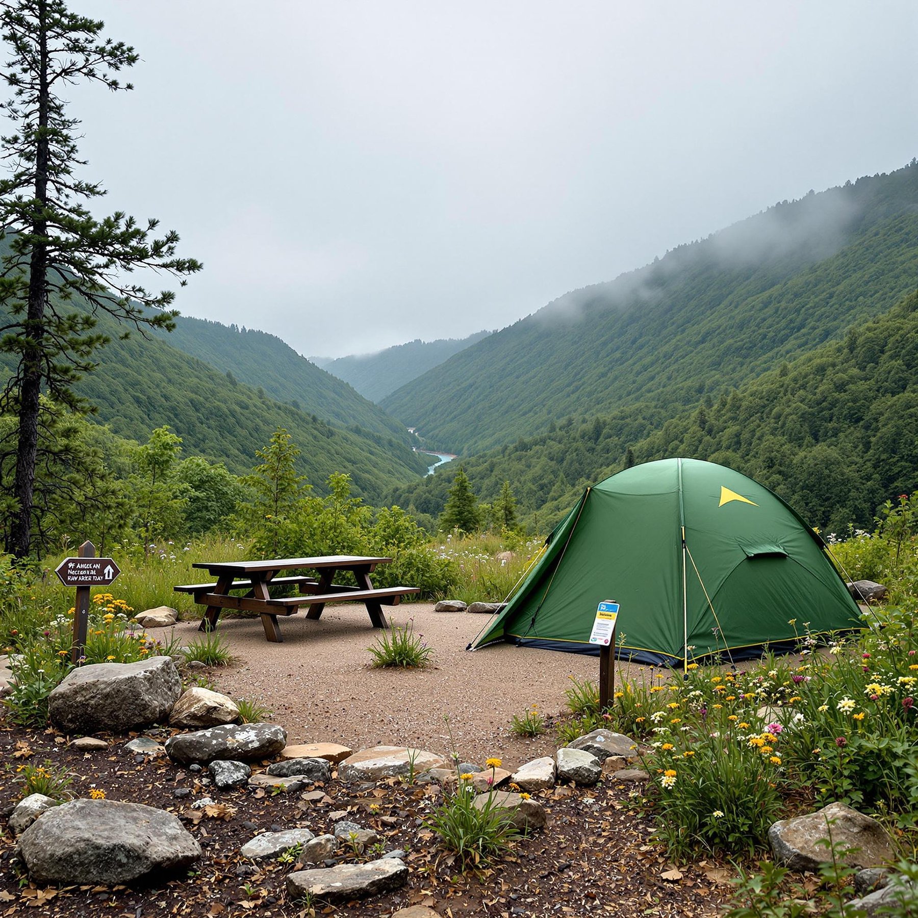 Nestled in a lush green valley, this campsite feels like a hidden paradise. A cozy tent sits near colorful wildflowers, with a picnic table ready for fun. Misty mountains in the background create a peaceful and magical atmosphere.