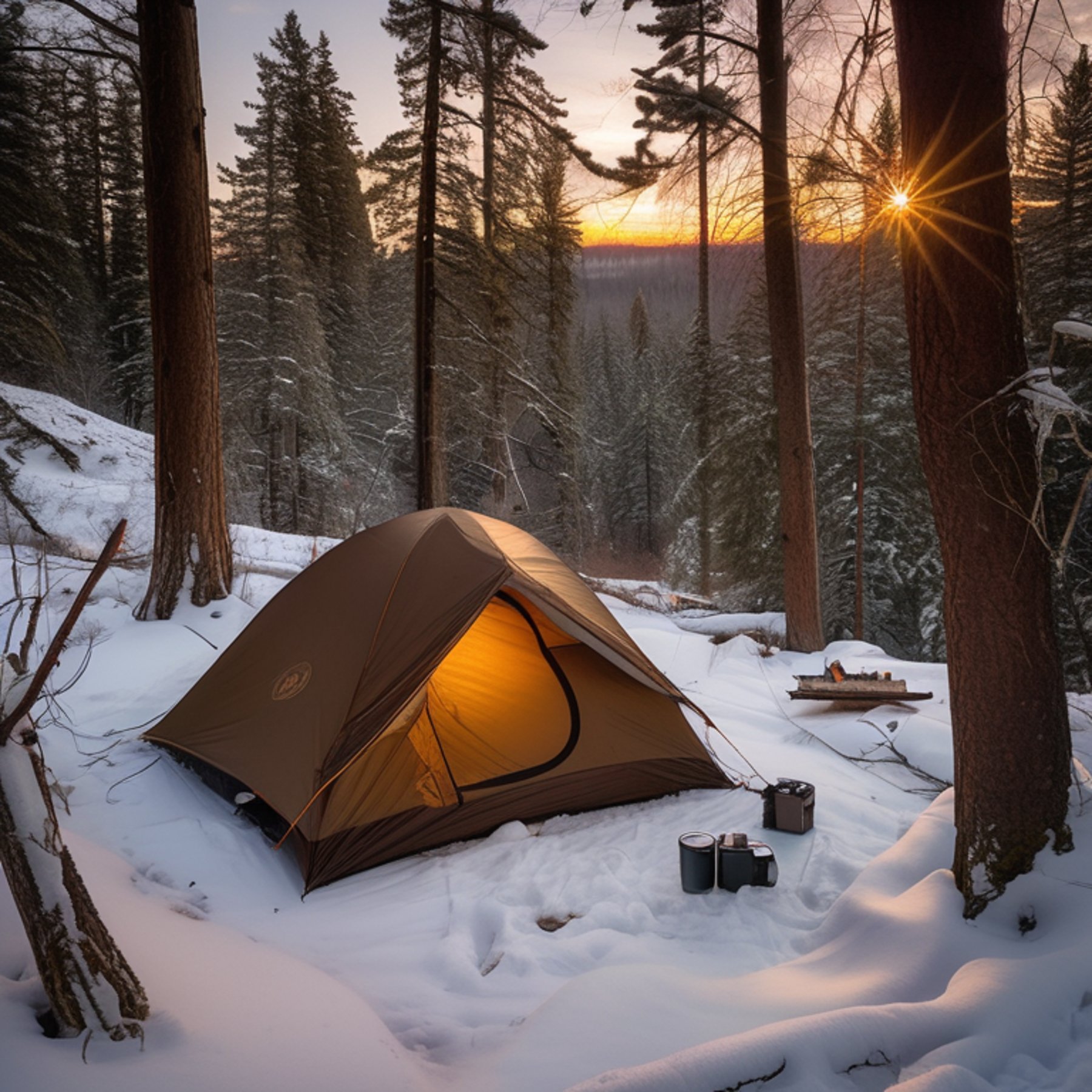 A cozy brown tent sits on a dirt patch in a snowy, overgrown forest. A hammock hangs between the trees, while stones and a box of camping gear rest nearby. In the distance, a camper’s flashlight glows softly under the sunset sky.