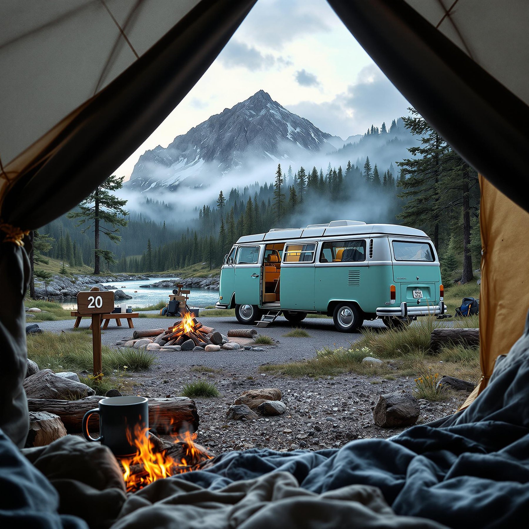 Cozy up inside your tent and enjoy the view of a misty mountain towering over a sparkling river. A mint-green van sits nearby, adding a touch of adventure to the serene forest. The warm campfire crackles, inviting stories and smiles under the open sky.
