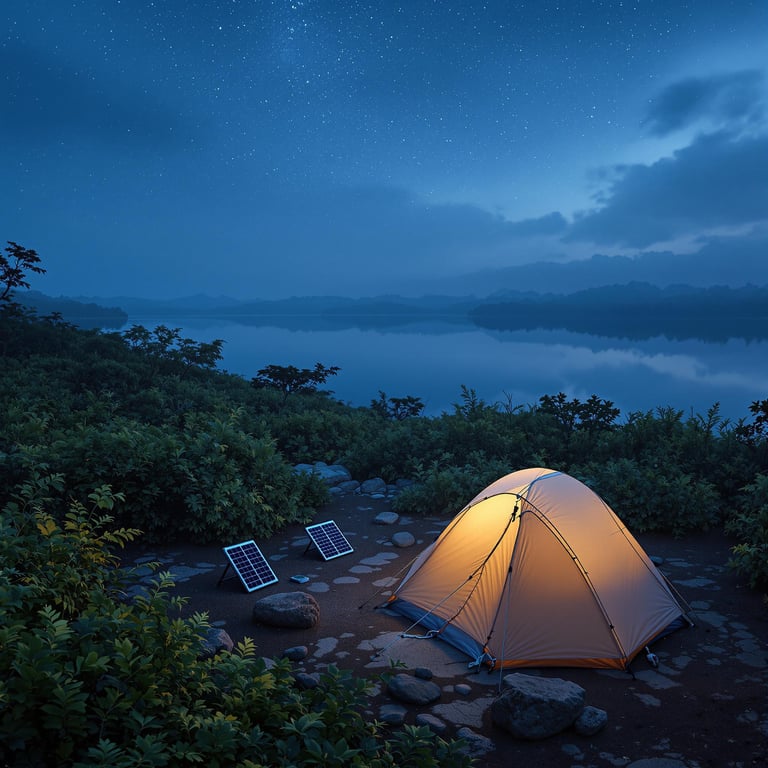 A cozy beige tent sits among ferns, bushes, and smooth stones in Biscayne National Park. Nearby, a solar panel charges a small battery as blue-hour mist settles over the calm lake. The water softly reflects the first stars in the sky.