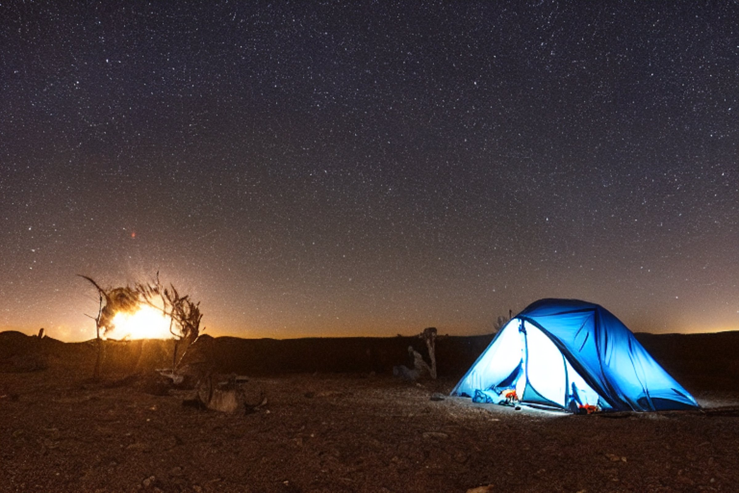 A blue-gray tent rests on a quiet dirt patch in the New Mexico desert. A warm campfire glows beside the tent under a star-filled sky, while soft fog drifts through the night. A deer stands far away in the distance.