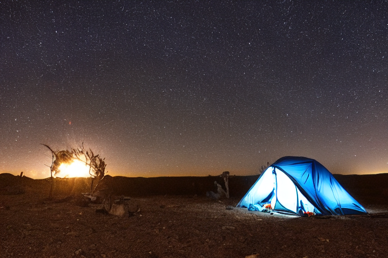 A blue-gray tent rests on a quiet dirt patch in the New Mexico desert. A warm campfire glows beside the tent under a star-filled sky, while soft fog drifts through the night. A deer stands far away in the distance.