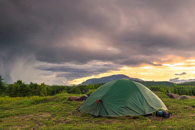 A green tent rests on a dirt campsite beside a gentle stream. Rolling hills and a mountain rise in the distance under a stormy sunset sky. A camper’s flashlight glows softly nearby.