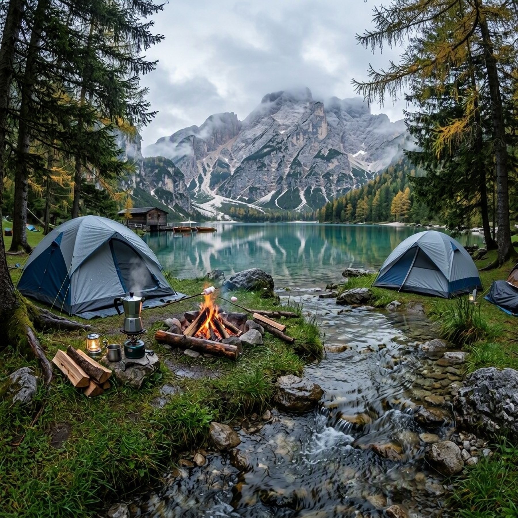 Two cozy tents sit in tall, wet grass beside a clear stream flowing into the calm lake. A small campfire warms the quiet grove, while a steaming moka pot waits nearby. Pale mountains and soft morning clouds create a peaceful Dolomite setting.