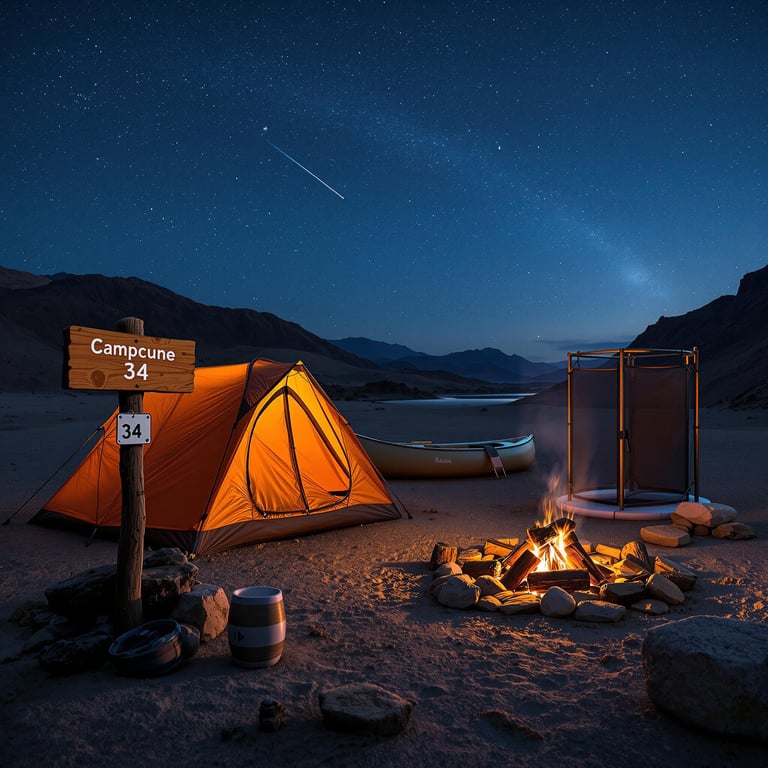 An orange tent rests in the misty desert night beneath a shooting star. A wooden sign marked “34,” a canoe, and a stone-ringed campfire add charm to the quiet campsite. An outdoor shower with a privacy screen stands nearby.