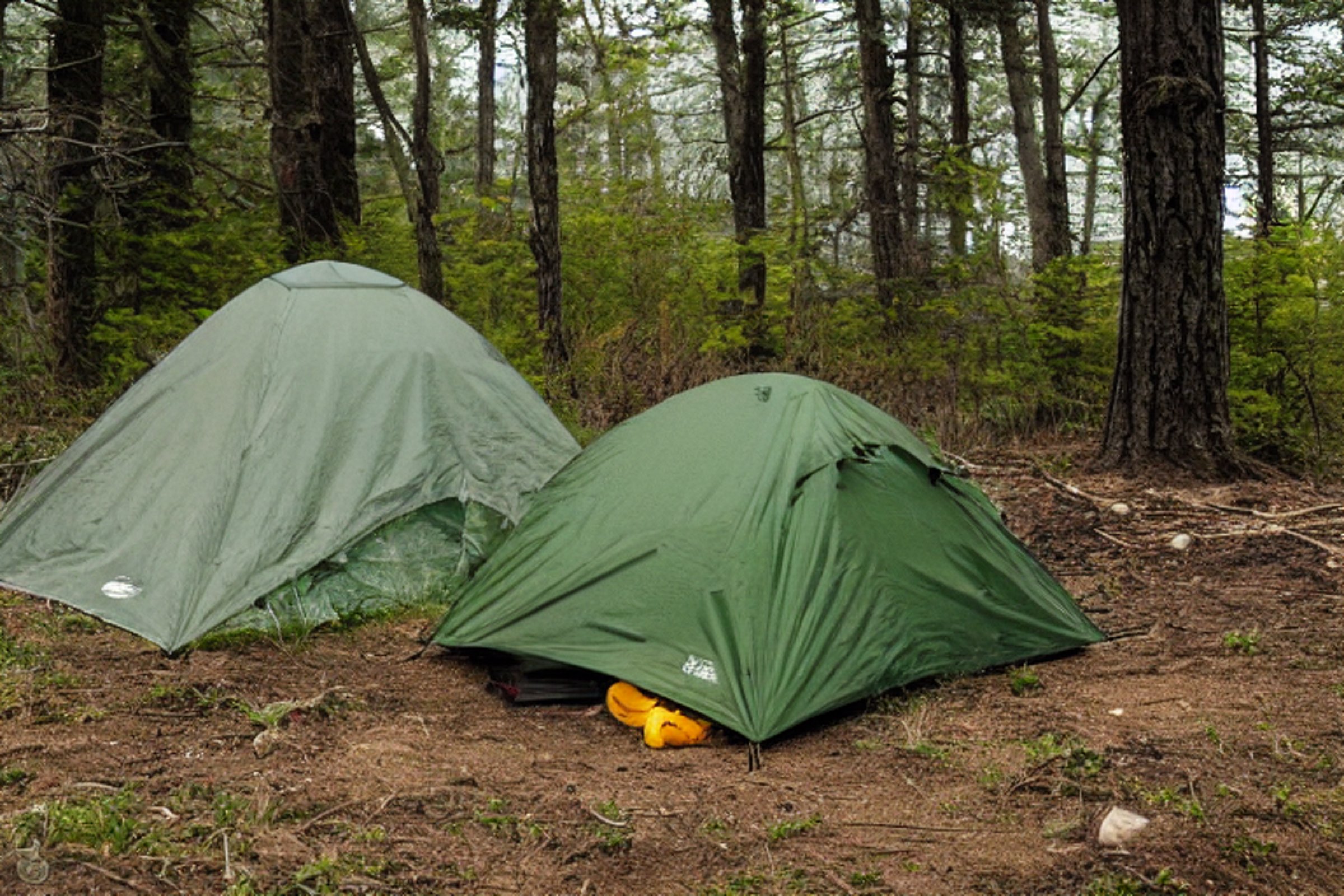 A green camo tent rests on a gravel clearing in the misty woods of Upstate New York. A campfire, lantern, backpack, and box of gear make the site feel ready for adventure.