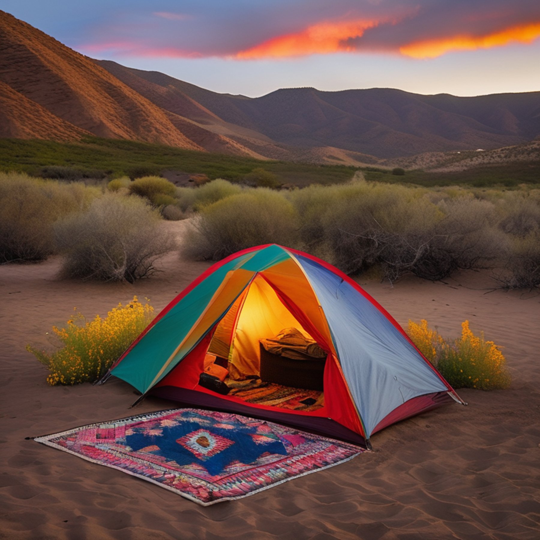 A colorful tent sits beside a warm campfire on a small dirt patch near San Diego Beach. Wildflowers, hanging clothes, and misty mountains add charm as rain falls under the glowing sunset sky.