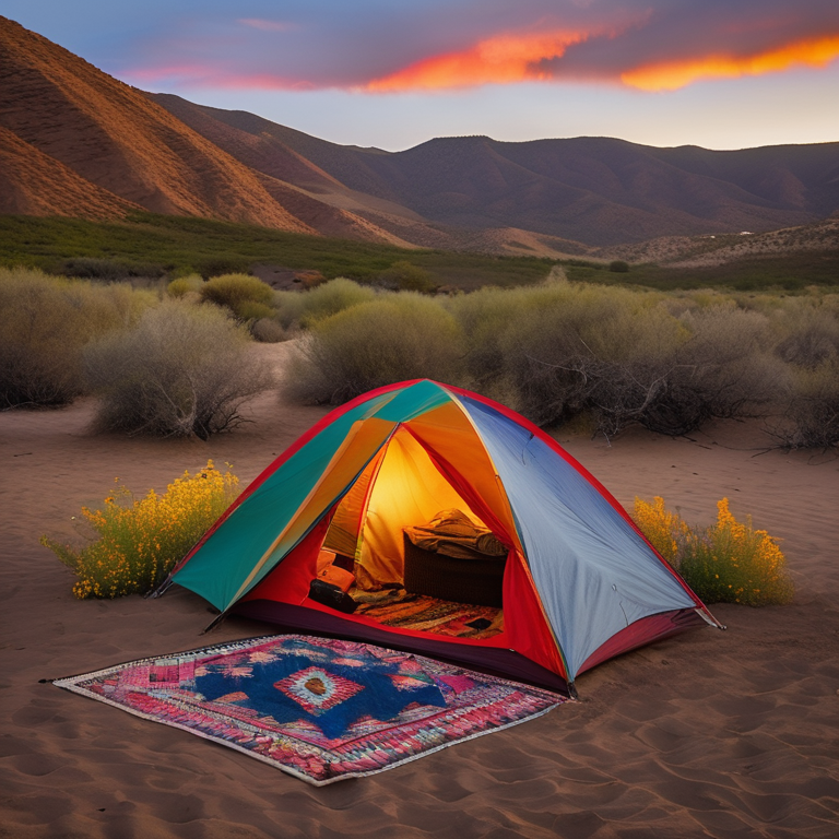 A colorful tent sits beside a warm campfire on a small dirt patch near San Diego Beach. Wildflowers, hanging clothes, and misty mountains add charm as rain falls under the glowing sunset sky.