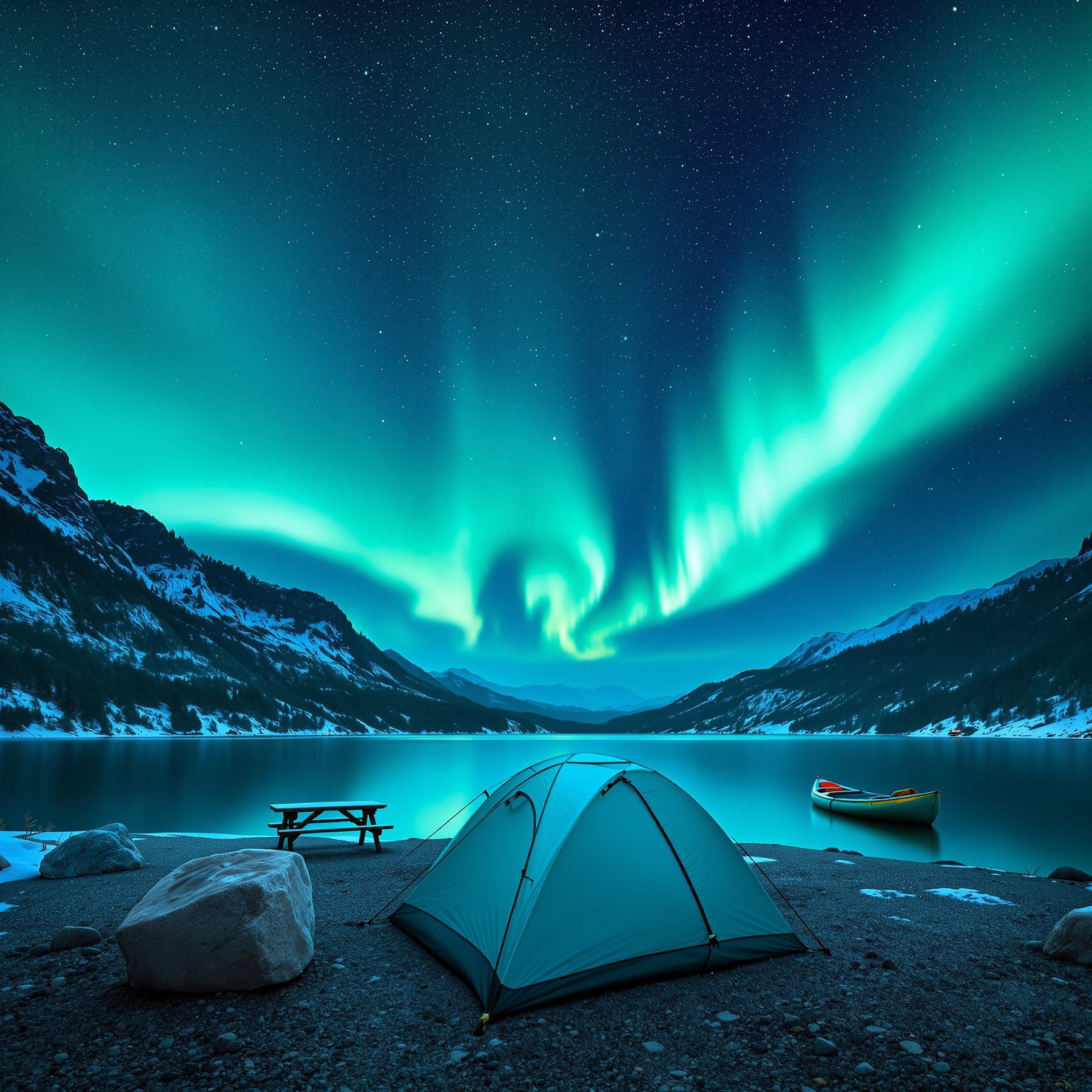 Camp by a peaceful lake under shining green northern lights. Snowy mountains and a canoe add adventure. The quiet night sky is full of stars.
