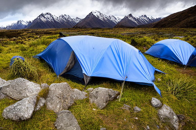 A blue and gray tent rests on a quiet dirt patch beneath the cloudy night sky. Ferns, tall grass, and smooth stones surround the campsite, creating a peaceful mountain retreat.