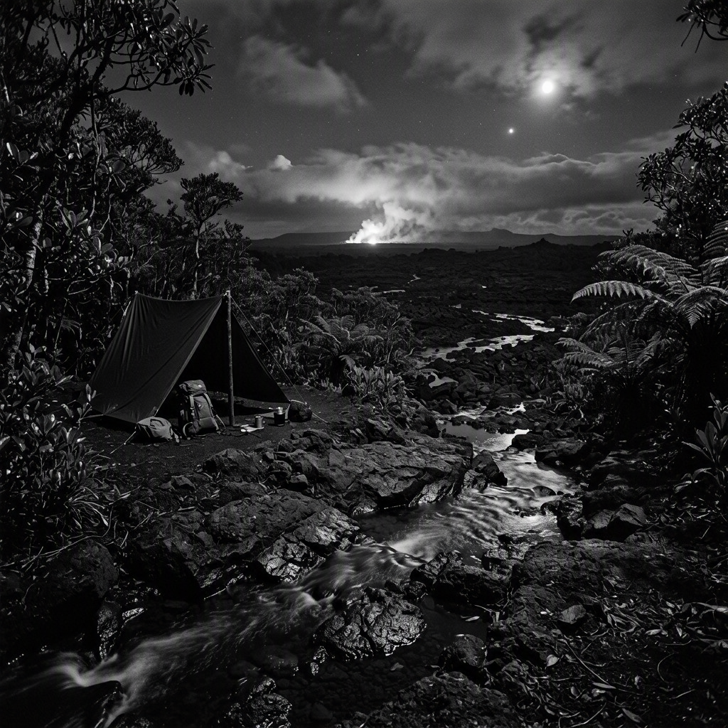 A quiet campsite rests in a misty ʻōhiʻa rainforest beside a winding stream. Dark volcanic rocks shine under the moon, while a distant fissure casts a soft glow through the clouds. A small lean-to shelter and camping gear sit peacefully in the deep night.