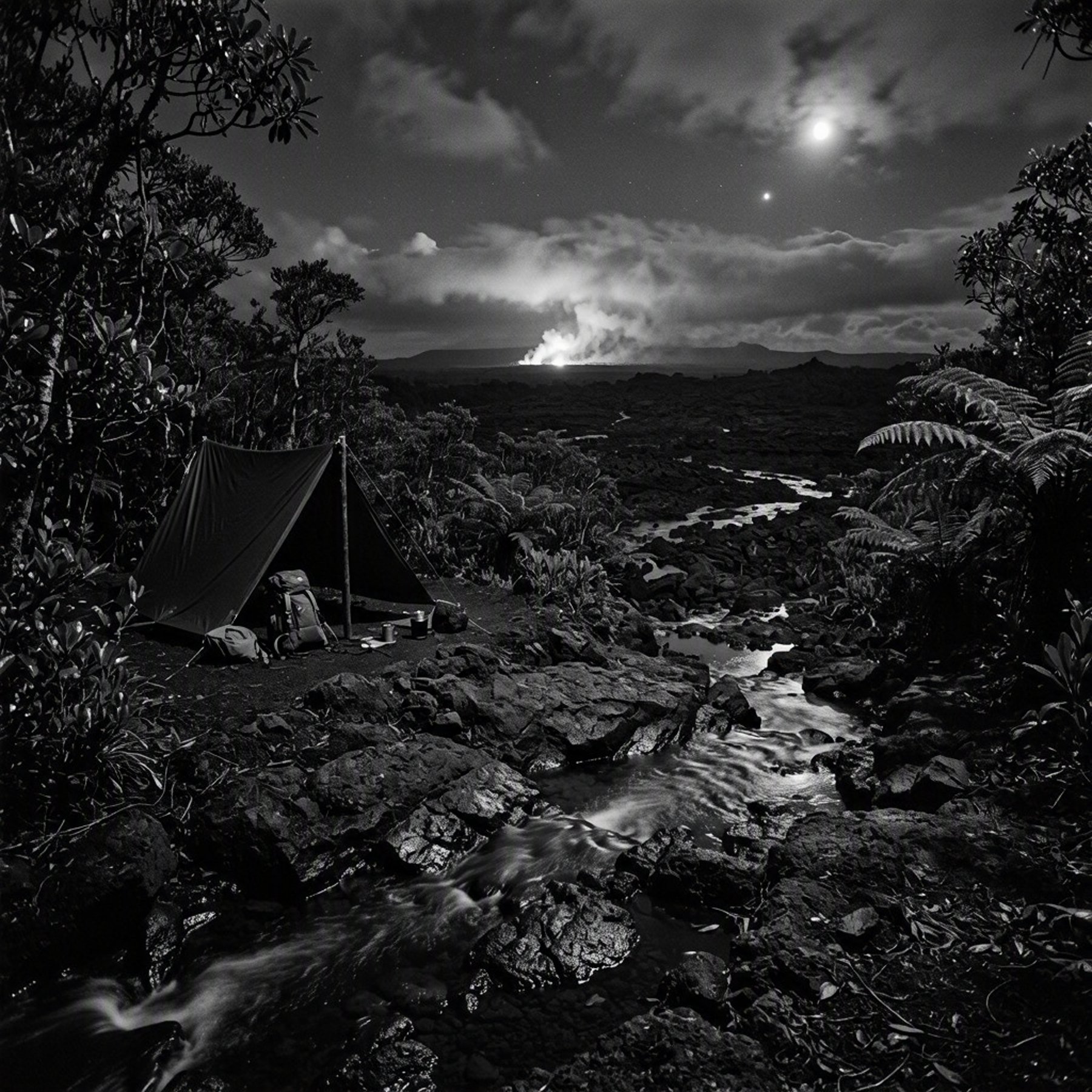 A quiet campsite rests in a misty ʻōhiʻa rainforest beside a winding stream. Dark volcanic rocks shine under the moon, while a distant fissure casts a soft glow through the clouds. A small lean-to shelter and camping gear sit peacefully in the deep night.