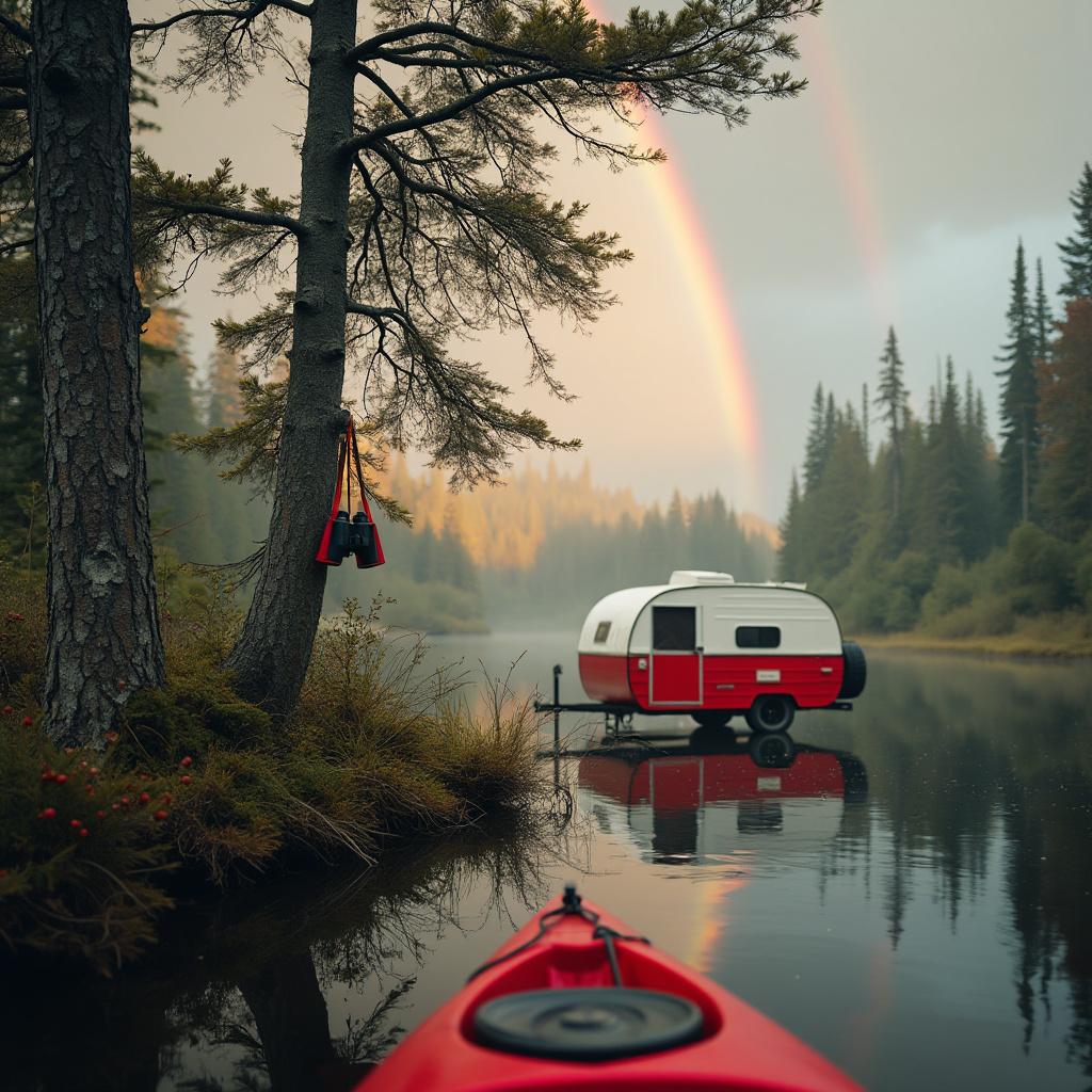 A red and white pop-up camper rests among mossy trees in the Alaskan wilderness. Berries grow nearby, while binoculars and a bear-proof food container hang from the branches. From a kayak, you can see a double rainbow glowing through the hazy afternoon sky.
