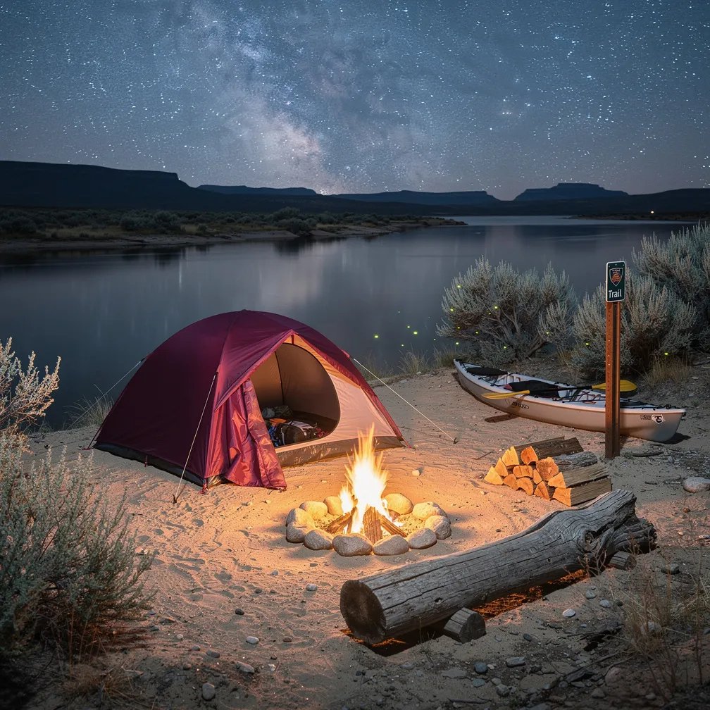 A plum-colored tent sits on sandy ground beside a still desert reservoir, with low mesas far away. Warm firelight and a lantern make the stones, stacked wood, and a big old log glow. A kayak rests at the shoreline near a trail marker, while fireflies drift through the sagebrush. Above it all, the Milky Way spreads bright across the clear night sky.