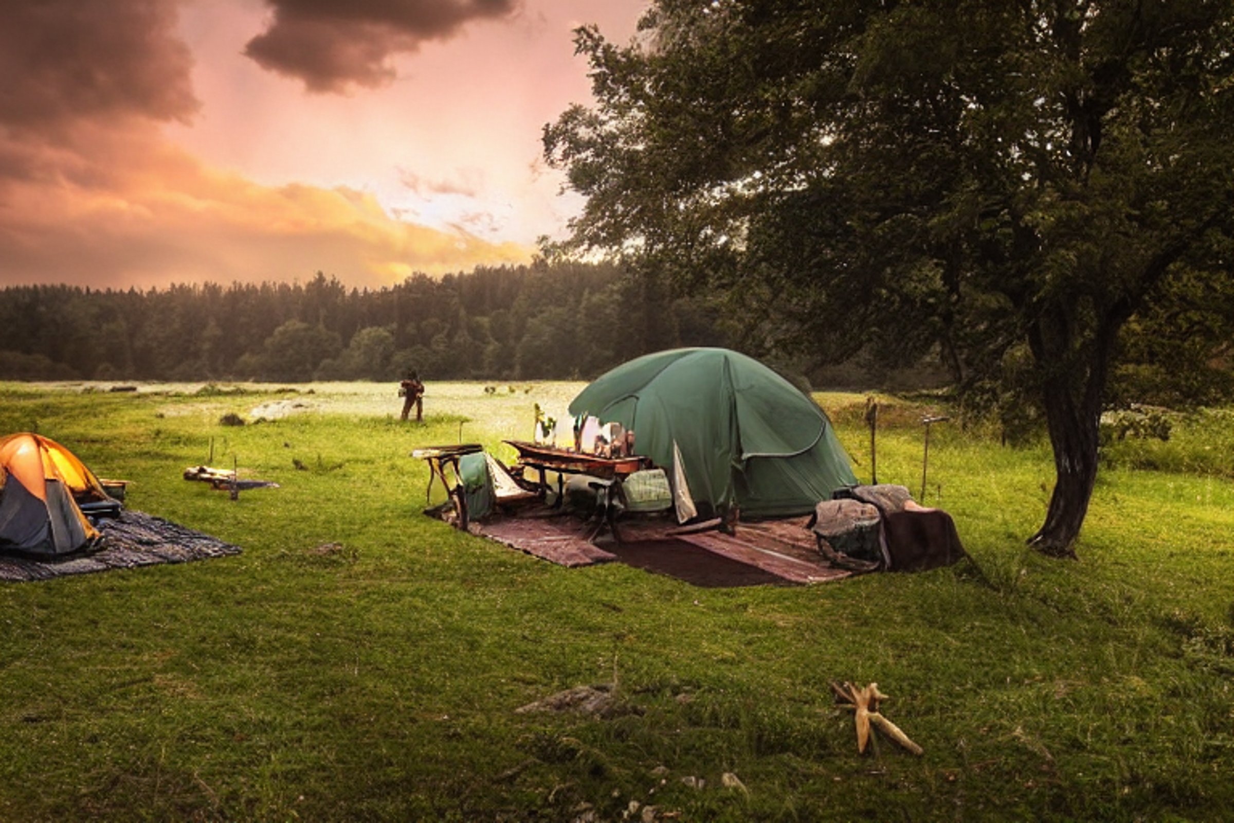 A green tent rests on a paved campsite beside a flowing river. Stormy sunset clouds fill the sky, while a picnic table, backpack, and fallen twig add a cozy outdoor feel.