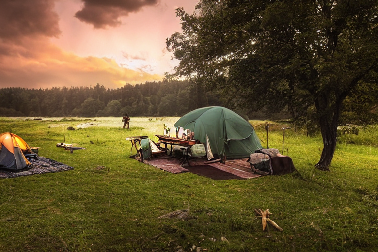 A green tent rests on a paved campsite beside a flowing river. Stormy sunset clouds fill the sky, while a picnic table, backpack, and fallen twig add a cozy outdoor feel.