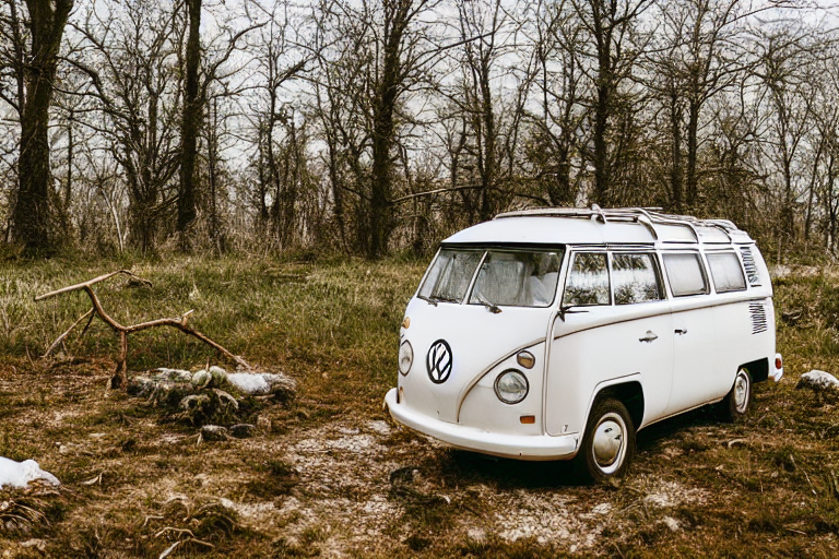 A white campervan rests at a quiet campsite surrounded by an overgrown forest. Tall grass, gravel patches, and a small dirt clearing fill the ground, while soft snow gives the scene a peaceful feel.