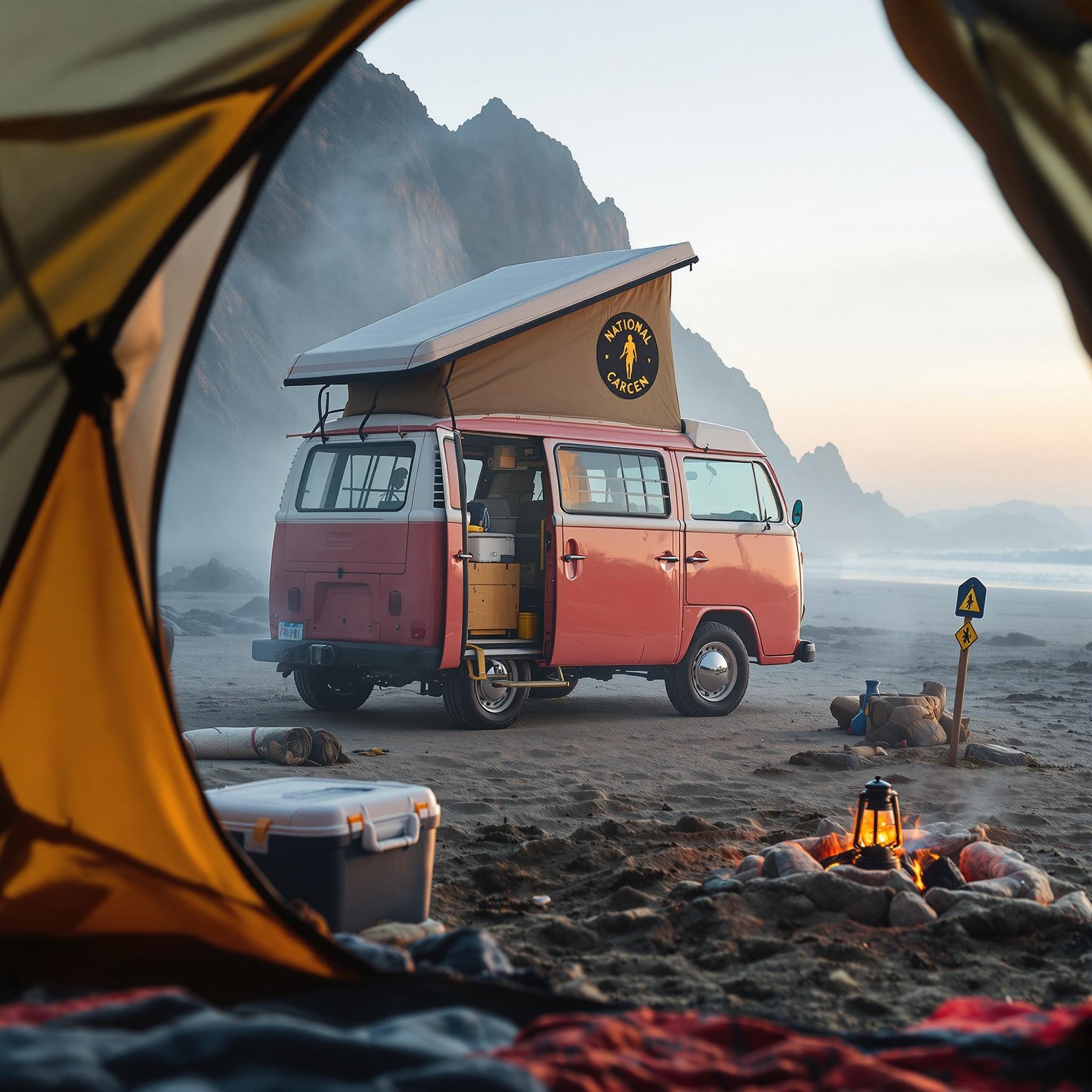 A cozy orange van sits by the ocean, with misty mountains in the background. The beach is quiet except for the gentle waves and a crackling campfire. The scene feels warm and adventurous, perfect for a peaceful seaside escape.