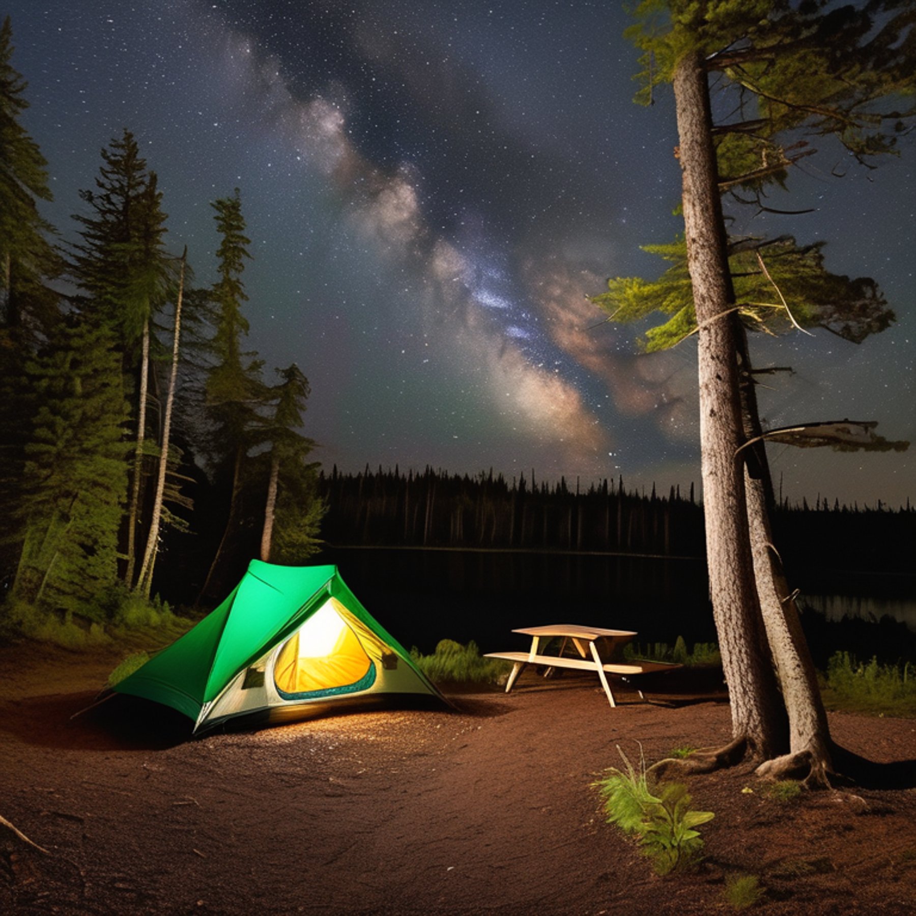 A green tent rests on a quiet dirt clearing in Isle Royale National Park. A warm campfire glows beside a picnic table and hammock, with a large log nearby. Rainy skies, tall trees, and bright stars create a cozy night in the wild.