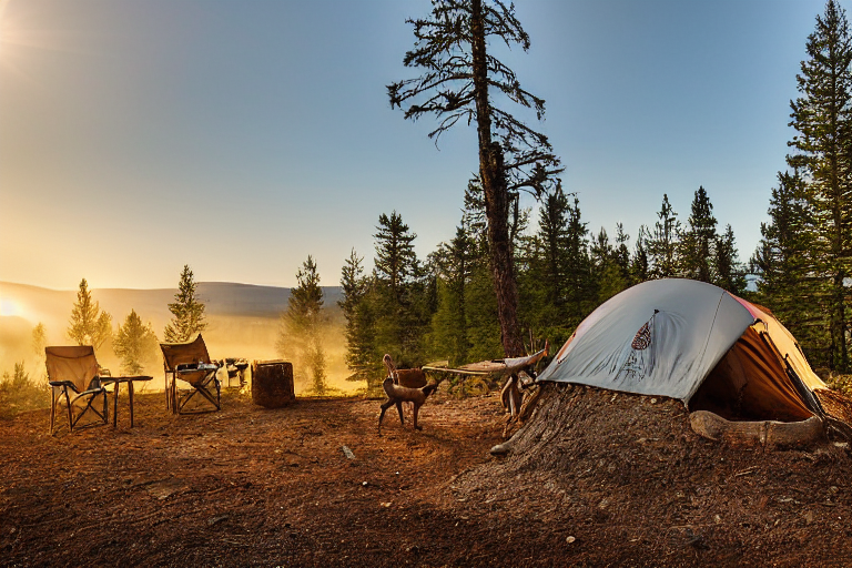 A cozy campsite rests on a dirt clearing in Montana beneath a clear sunrise sky. Camping chairs sit near a campfire and a large log, while a deer stands quietly in the distance.