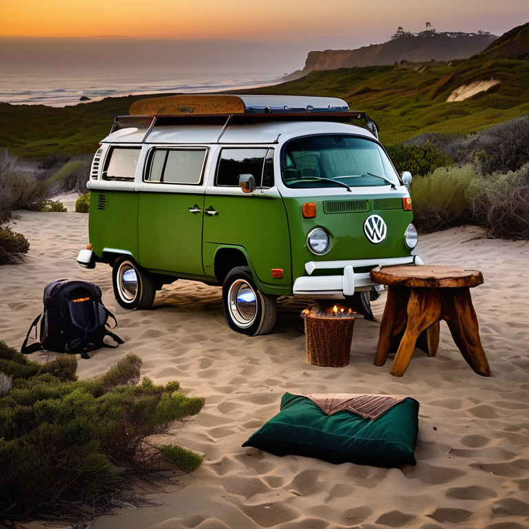 A green VW campervan rests at a beach campsite during a snowy golden hour. Camping chairs, a gear box, and a large log sit near the campfire, while a berry-covered bush adds a bright touch.