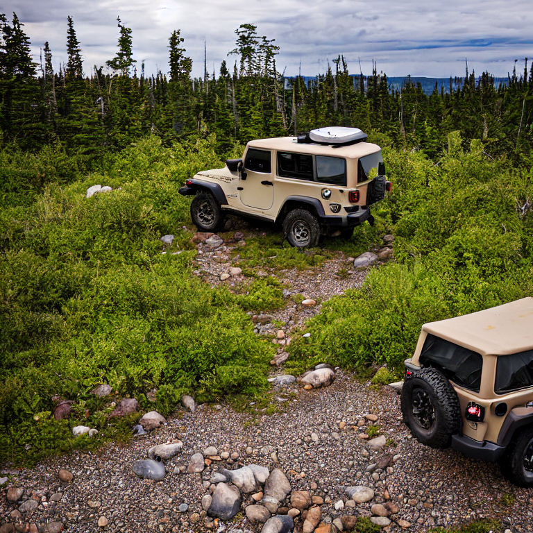 A Jeep with an open rooftop tent rests on a quiet dirt campsite. Tall grass, scattered stones, and a winding path surround the camp beneath a stormy sky glowing with green northern lights.