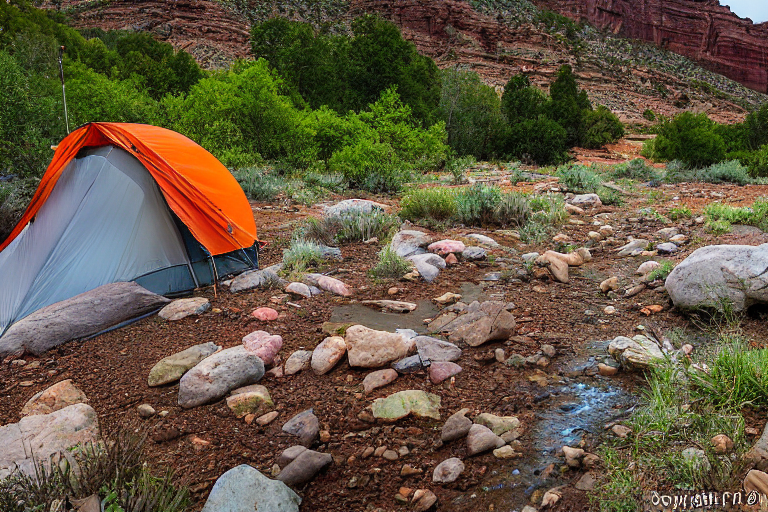 An orange tent rests beside a paved campsite in Capitol Reef National Park. A small stream winds past boulders and green ferns, while a lantern glows near the dirt clearing. Soft sunrise light shines through the cloudy sky.