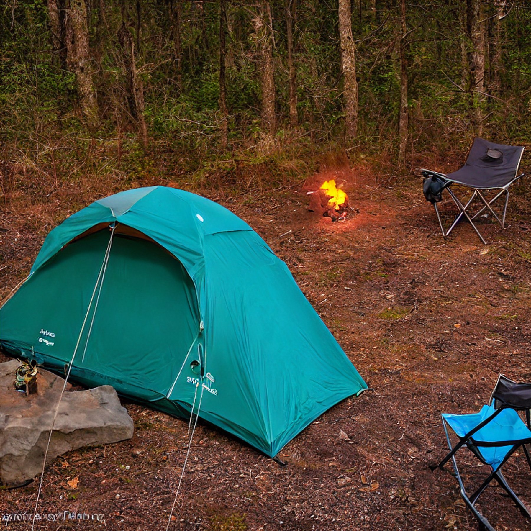 A teal tent rests beside a warm campfire in a snowy Ozark campsite. Large stone slabs, bushes, and camping chairs surround the dirt clearing, while stars and a bright moon shine above.
