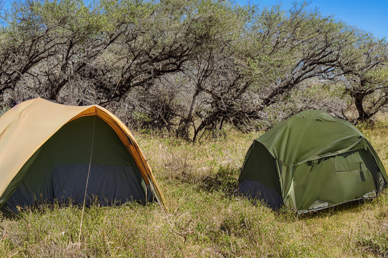 A tan tent rests on a sunny dirt campsite in Big Bend National Park. A winding trail, camping chairs, and tall grass create a peaceful outdoor retreat beneath the wide open sky.