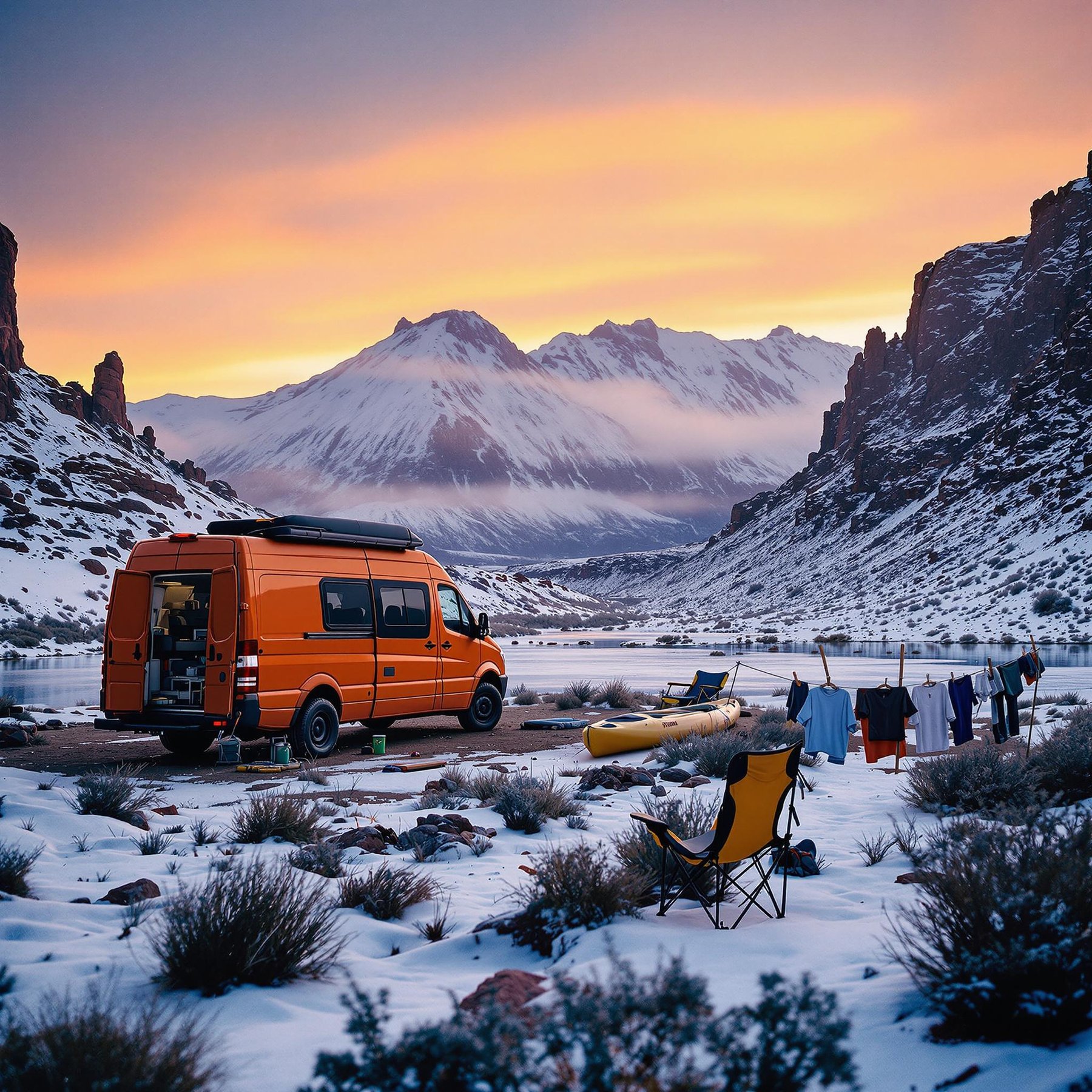 An orange van rests by a snowy river, surrounded by towering mountains under a colorful sunset. Cozy chairs and a canoe sit nearby, ready for an adventure. It's a peaceful paradise where nature's beauty hugs you warmly.